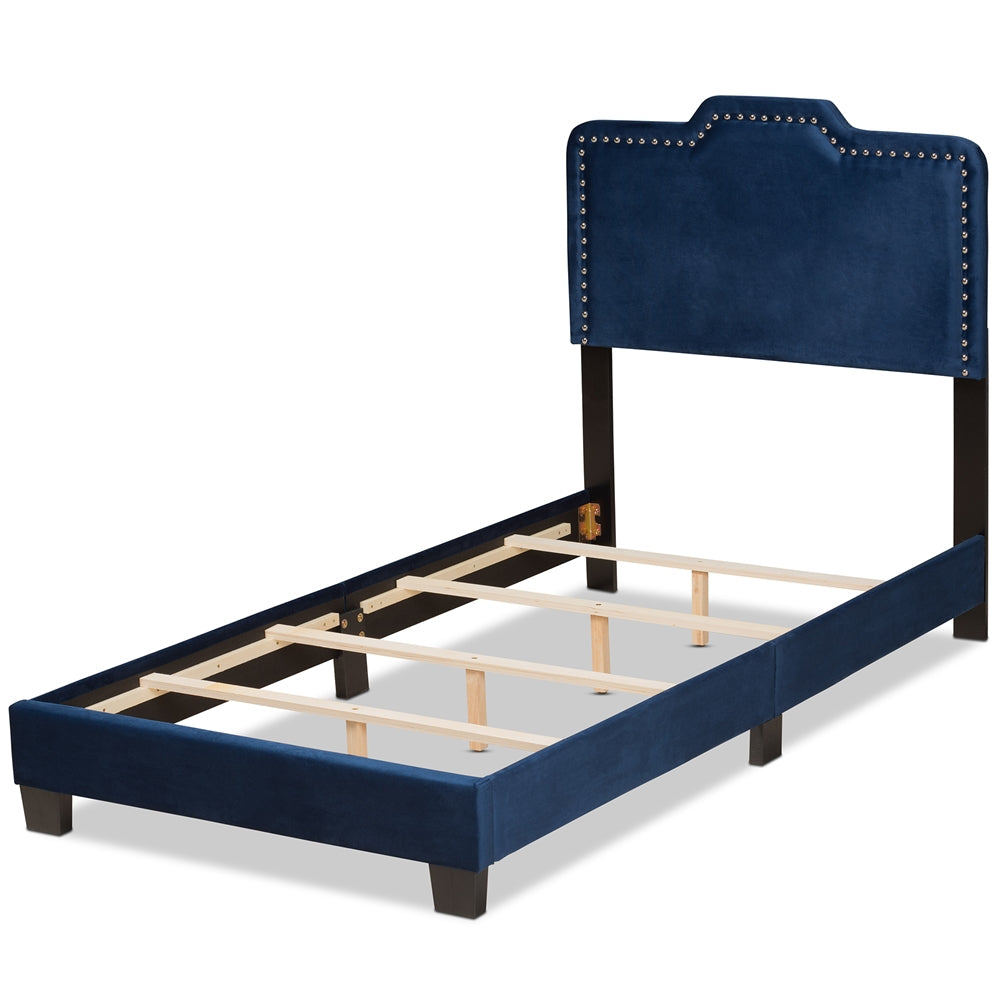 Benjen Glam Navy Blue Velvet Fabric Upholstered Twin Size Panel Bed