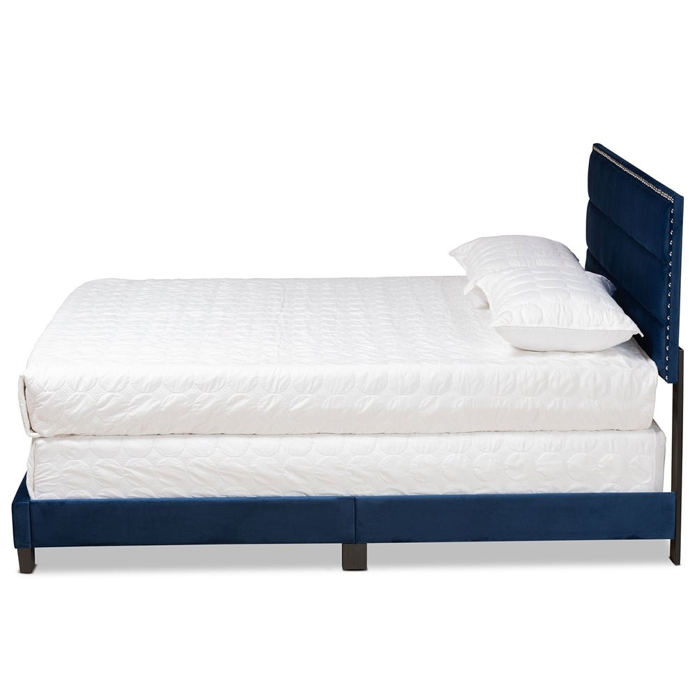 Tamira Glam Navy Blue Velvet Fabric Upholstered Queen Size Panel Bed