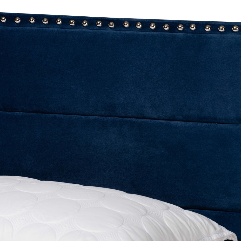 Tamira Glam Navy Blue Velvet Fabric Upholstered Queen Size Panel Bed