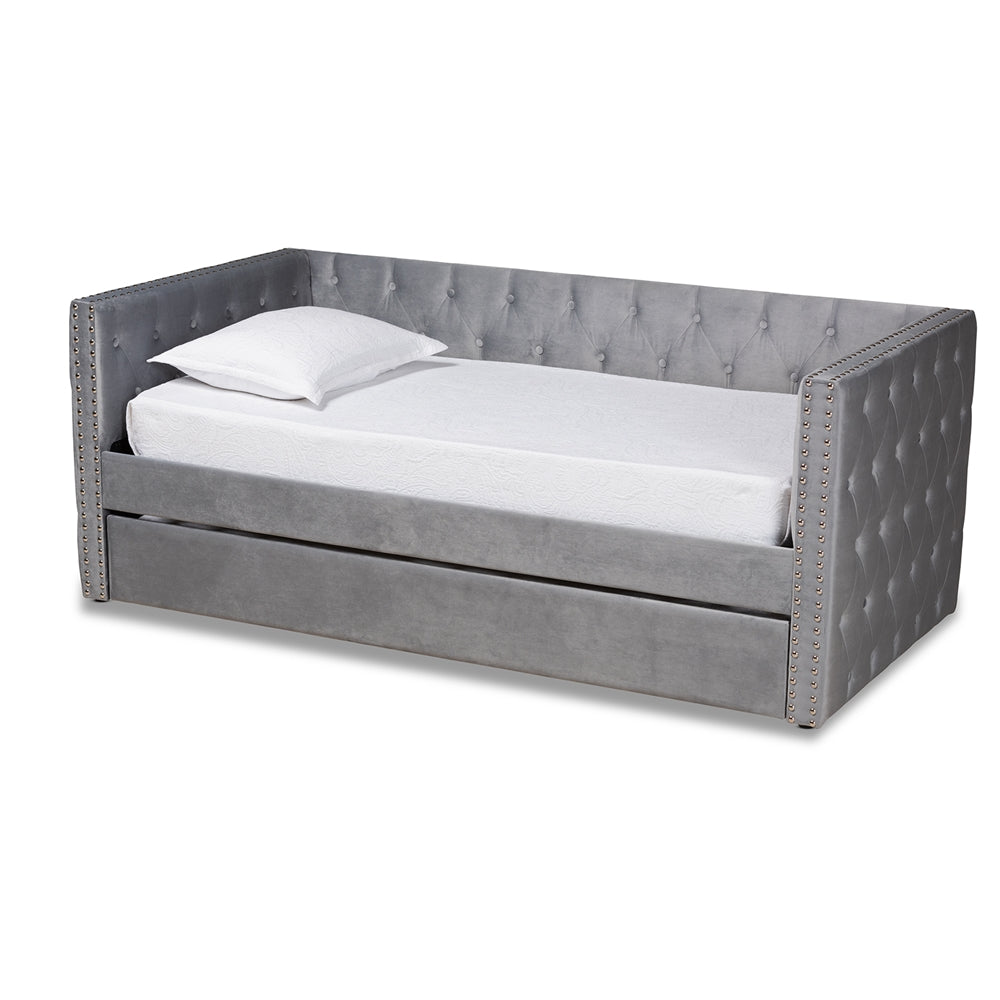 Larkin Grey Velvet Fabric Upholstered Twin Size Daybed with Trundle