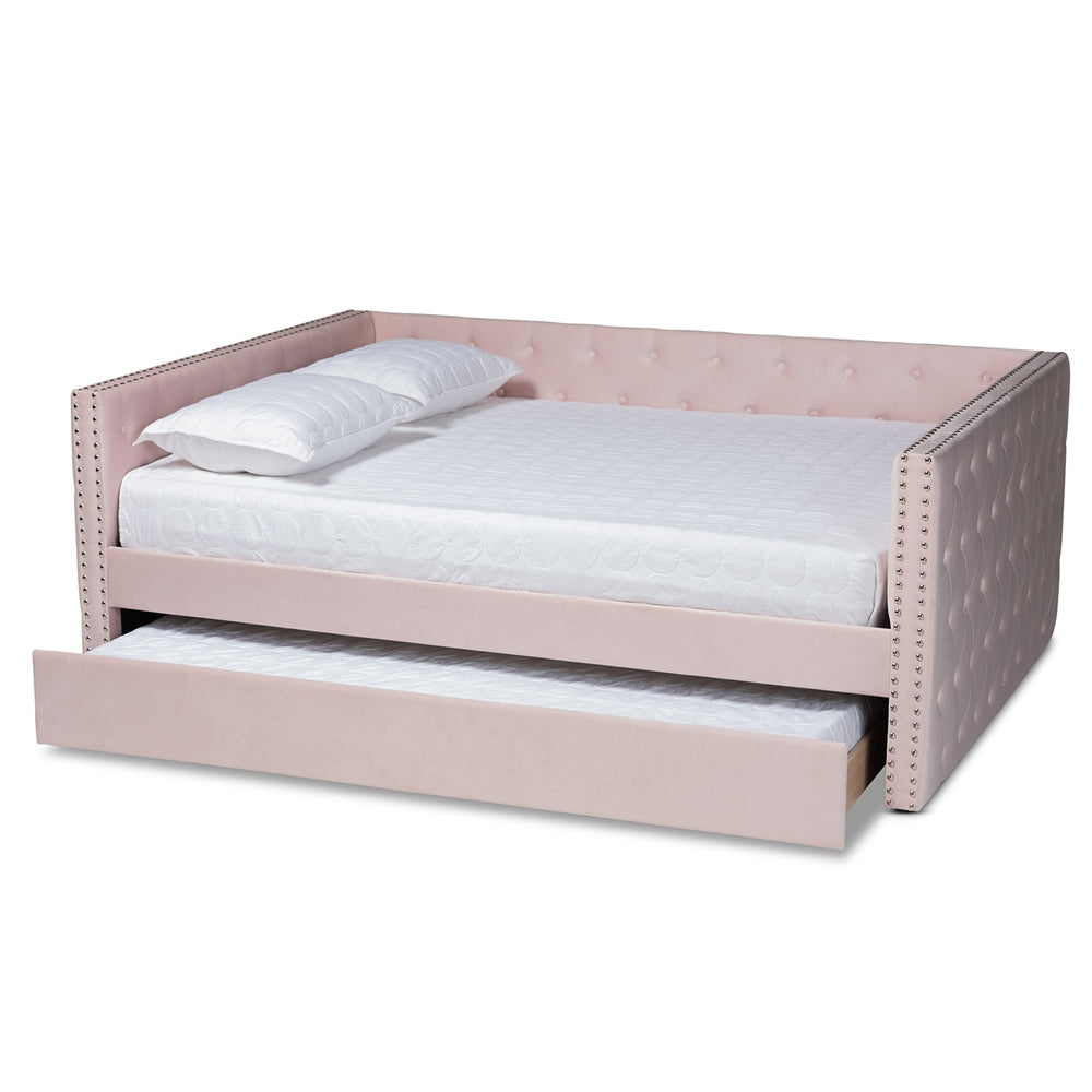 Larkin Pink Velvet Fabric Upholstered Queen Size Daybed with Trundle