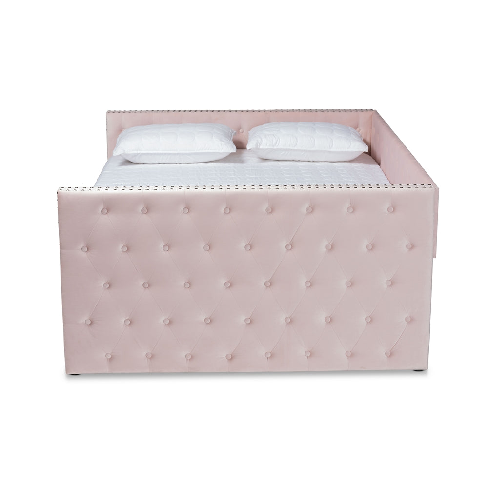 Larkin Pink Velvet Fabric Upholstered Queen Size Daybed with Trundle