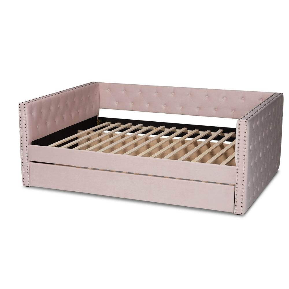 Larkin Pink Velvet Fabric Upholstered Queen Size Daybed with Trundle