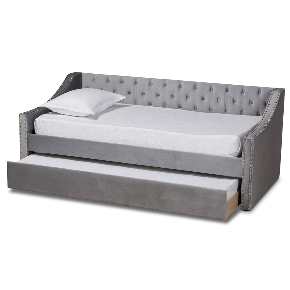Raphael Grey Velvet Fabric Upholstered Twin Size Daybed with Trundle