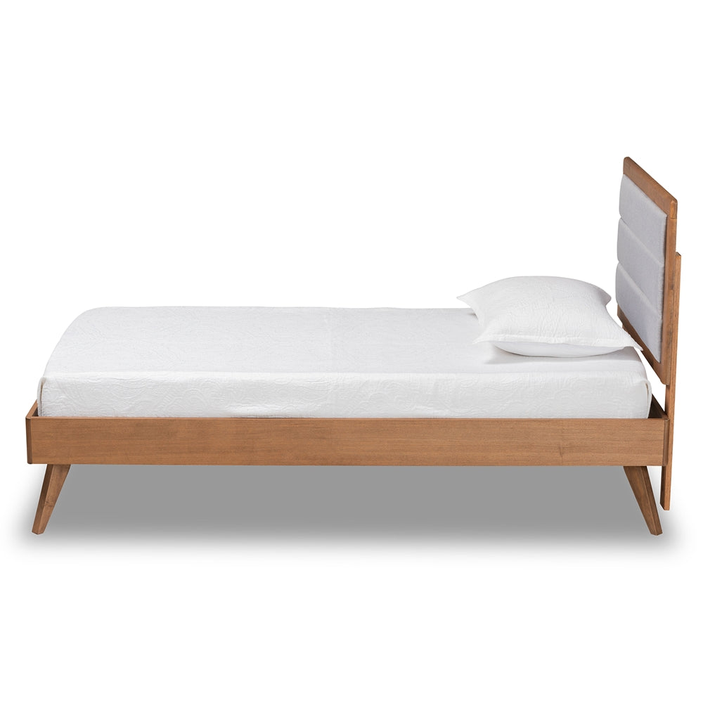 Linn Light Grey Fabric and Walnut Brown Finished Wood Platform Bed