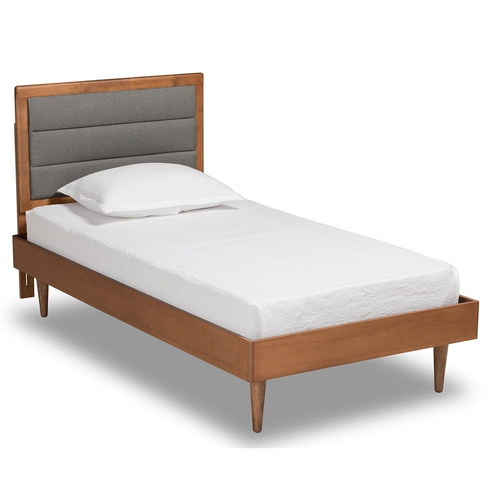 Seren Dark Grey Fabric and Walnut Brown Finished Wood Twin Size Bed