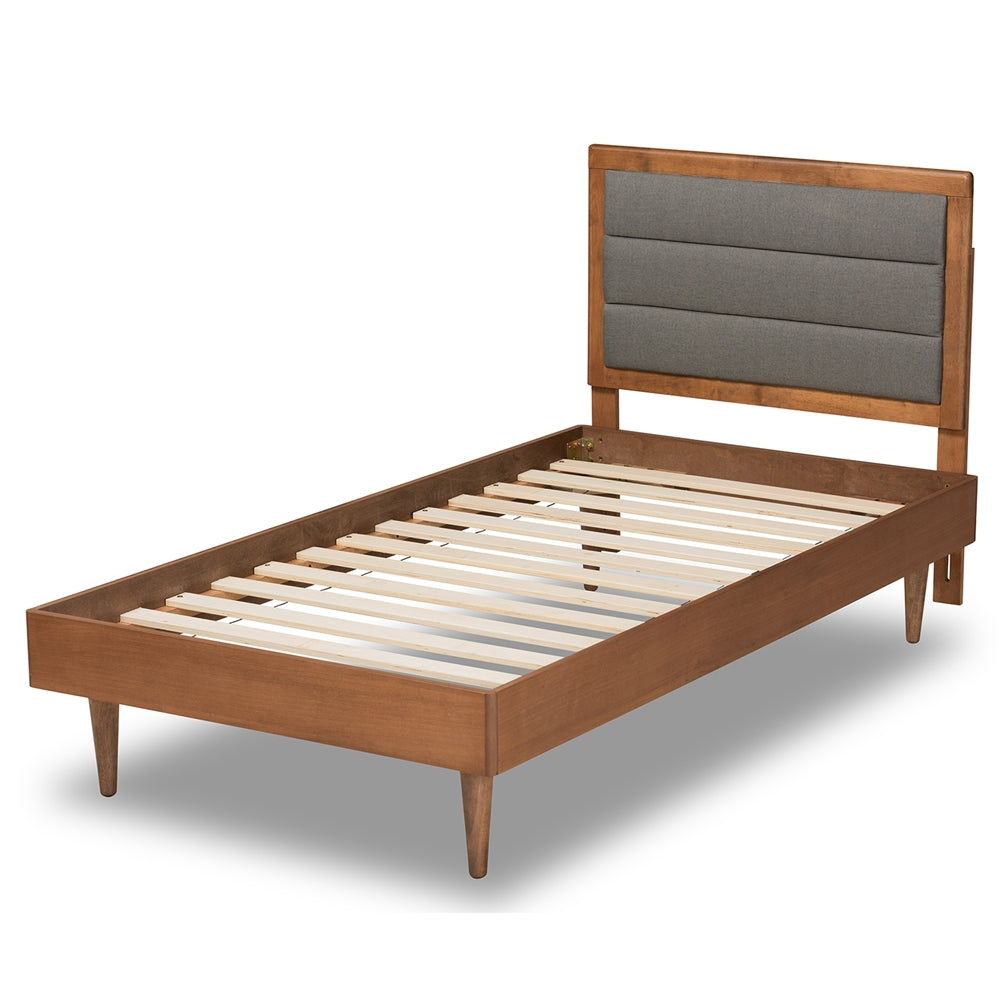 Seren Dark Grey Fabric and Walnut Brown Finished Wood Twin Size Bed