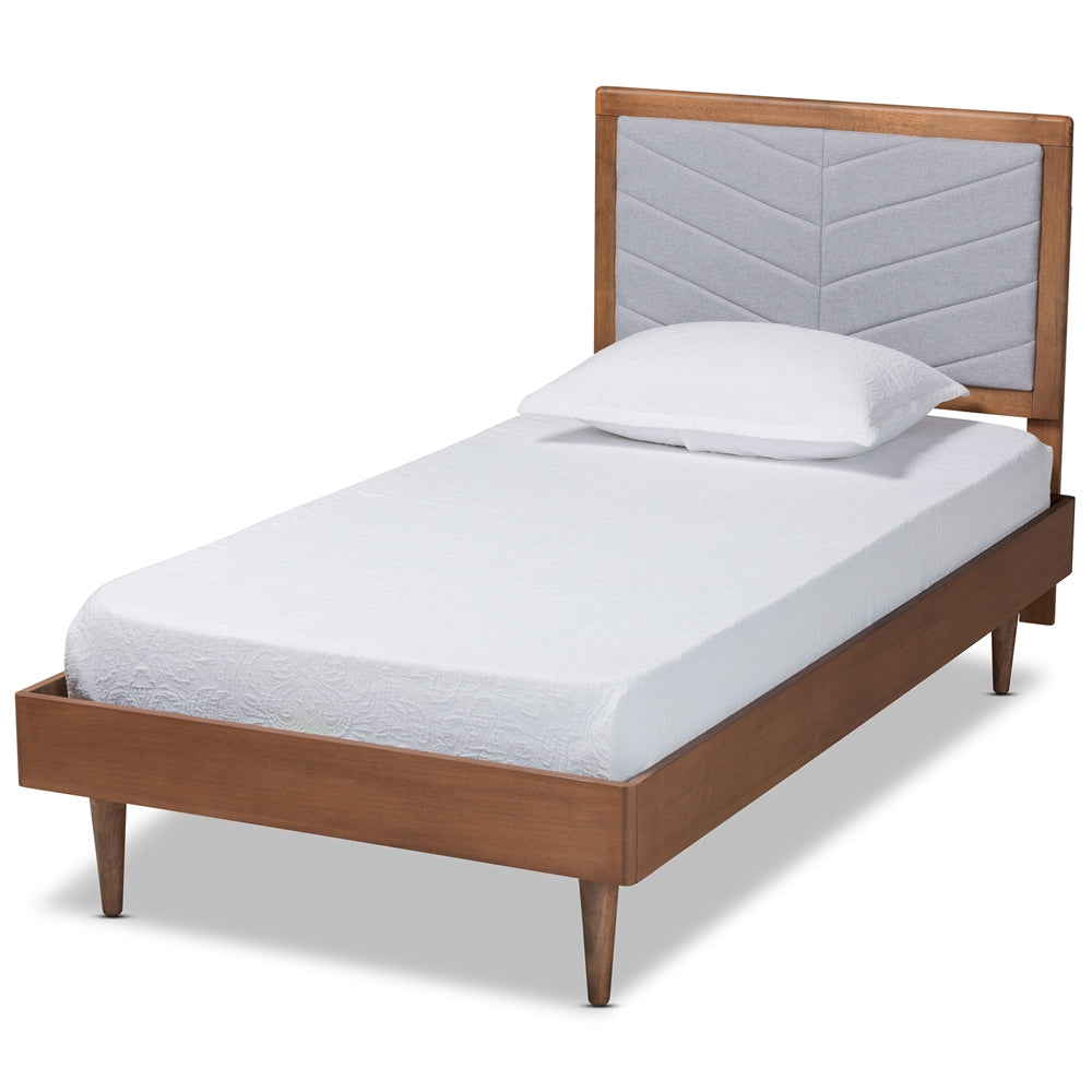 Tasha Light Grey Fabric And Walnut Brown Finished Wood Twin Size Bed