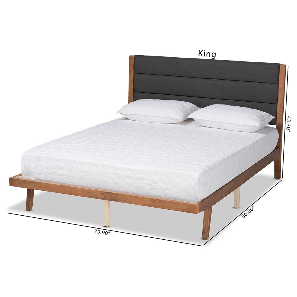 Charcoal Fabric and Walnut Brown Finished Wood King Size Platform Bed