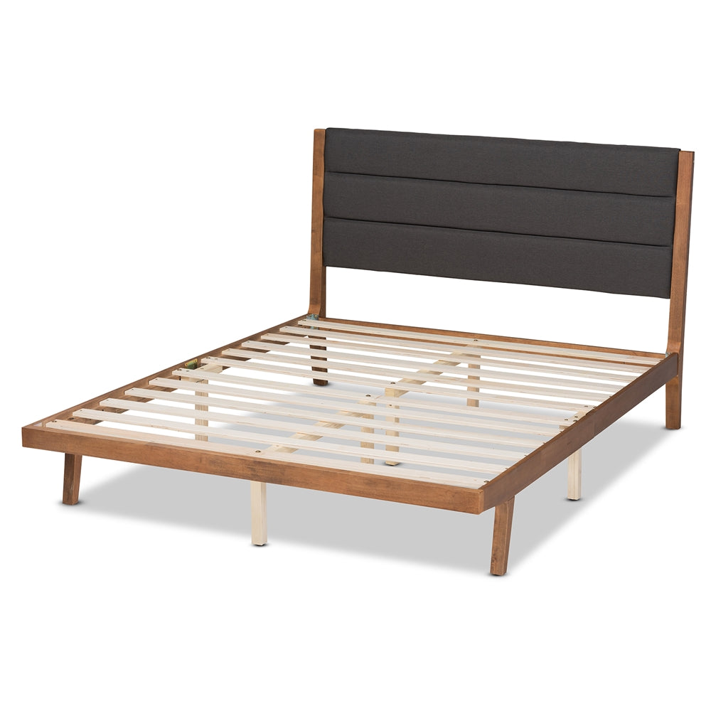 Charcoal Fabric and Walnut Brown Finished Wood King Size Platform Bed