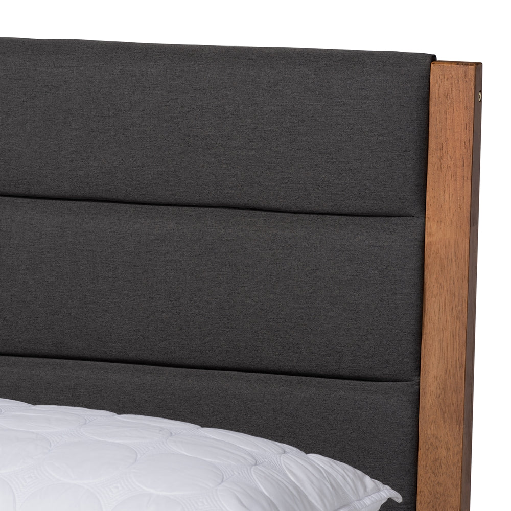 Charcoal Fabric and Walnut Brown Finished Wood King Size Platform Bed