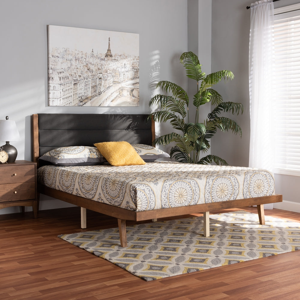 Charcoal Fabric and Walnut Brown Finished Wood King Size Platform Bed