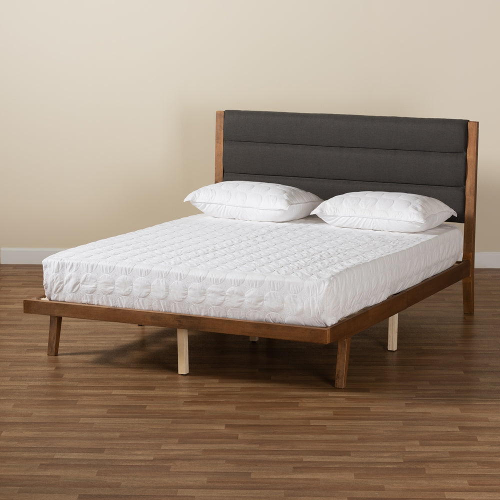 Charcoal Fabric and Walnut Brown Finished Wood King Size Platform Bed