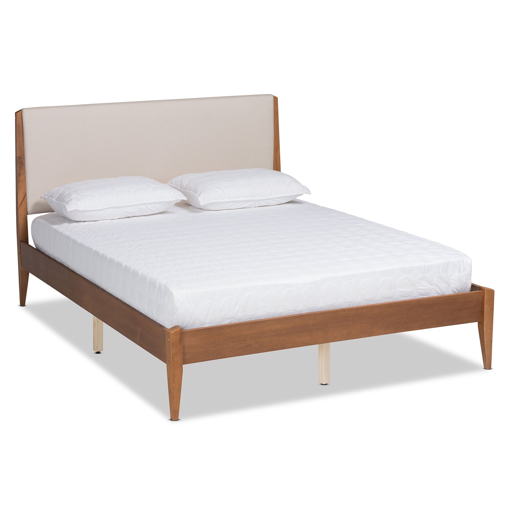 Beige Fabric And Walnut Brown Finished Wood Queen Size Platform Bed