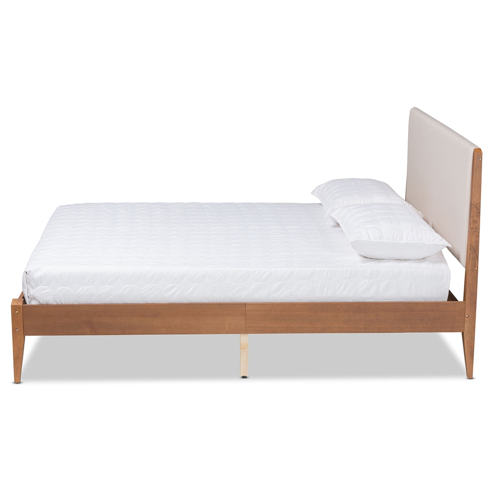 Beige Fabric And Walnut Brown Finished Wood Queen Size Platform Bed