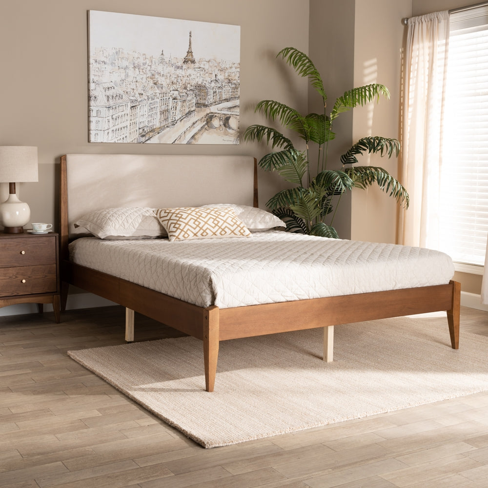 Beige Fabric And Walnut Brown Finished Wood Queen Size Platform Bed