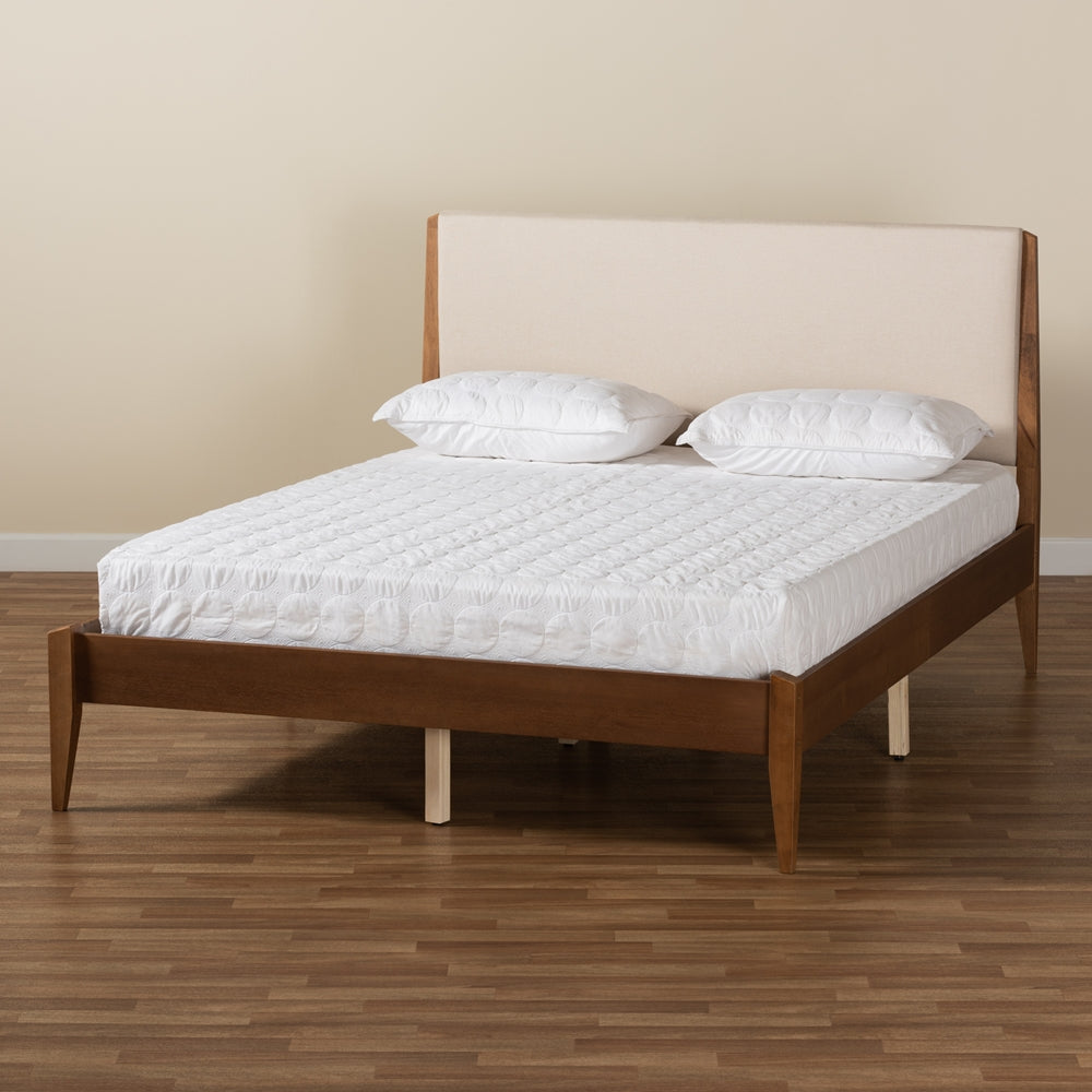 Beige Fabric And Walnut Brown Finished Wood Queen Size Platform Bed