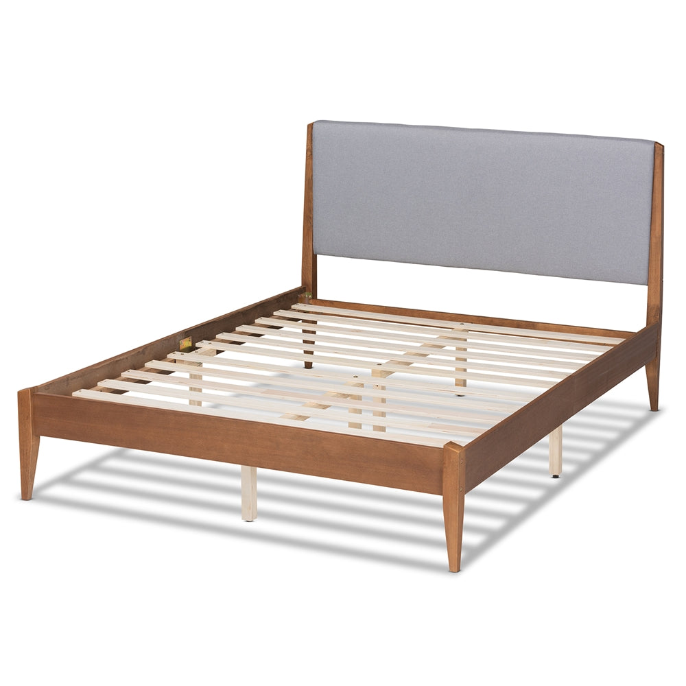 Grey Fabric and Walnut Brown Finished Wood King Size Platform Bed