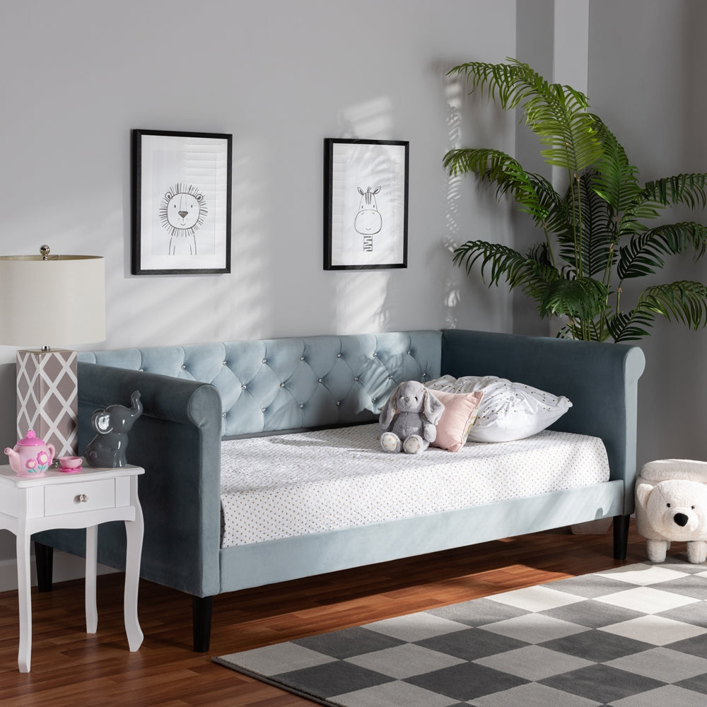 Cora Light Blue Fabric and Dark Brown Finished Wood Twin Size Daybed