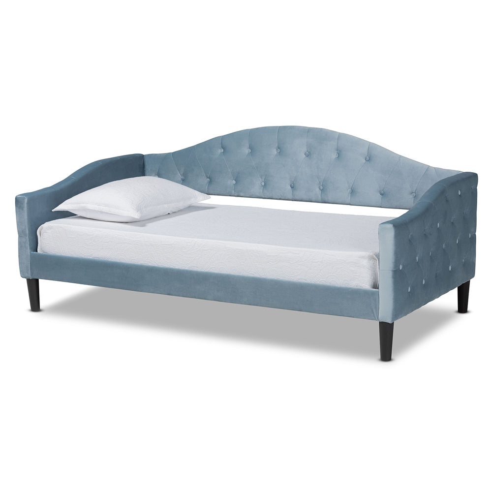 Benjamin Modern and Contemporary Light Blue Velvet Fabric Upholstered and Dark Brown Finished Wood Full Size Daybed