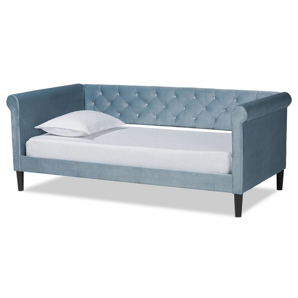 Cora Light Blue Fabric and Dark Brown Finished Wood Twin Size Daybed