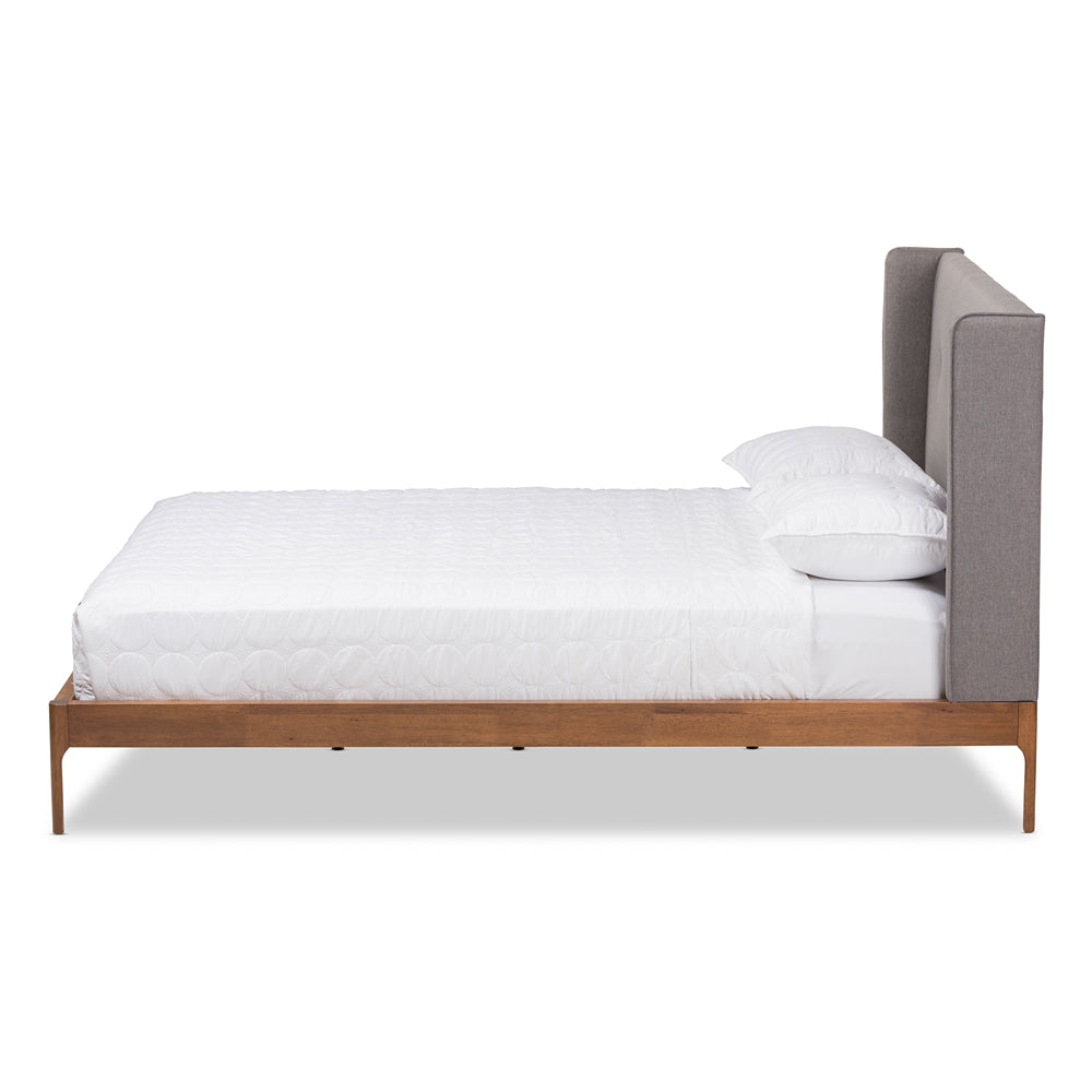 Brooklyn Mid-Century Modern Walnut Wood Grey Fabric King Size Platform Bed