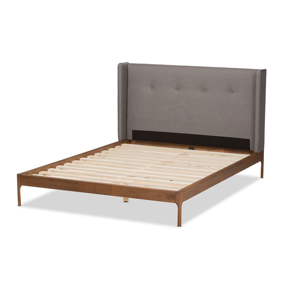 Brooklyn Mid-Century Modern Walnut Wood Grey Fabric King Size Platform Bed