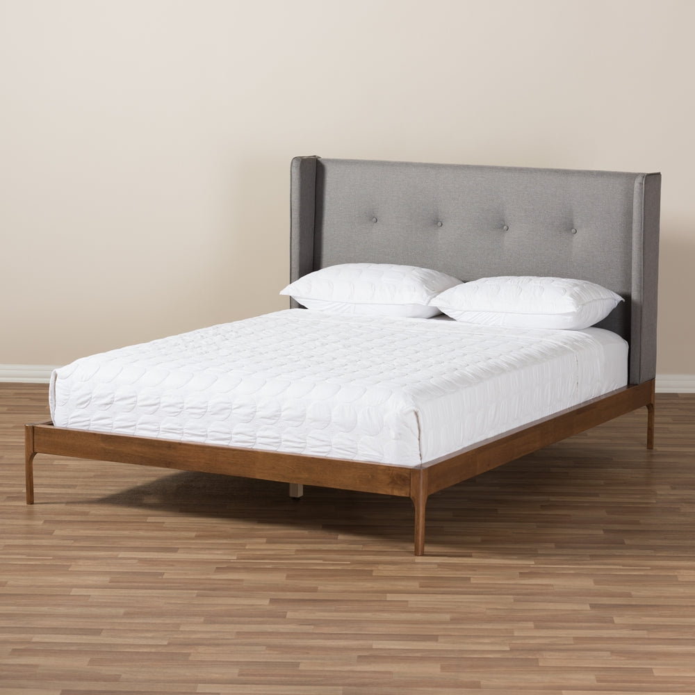 Brooklyn Mid-Century Modern Walnut Wood Grey Fabric Queen Size Platform Bed