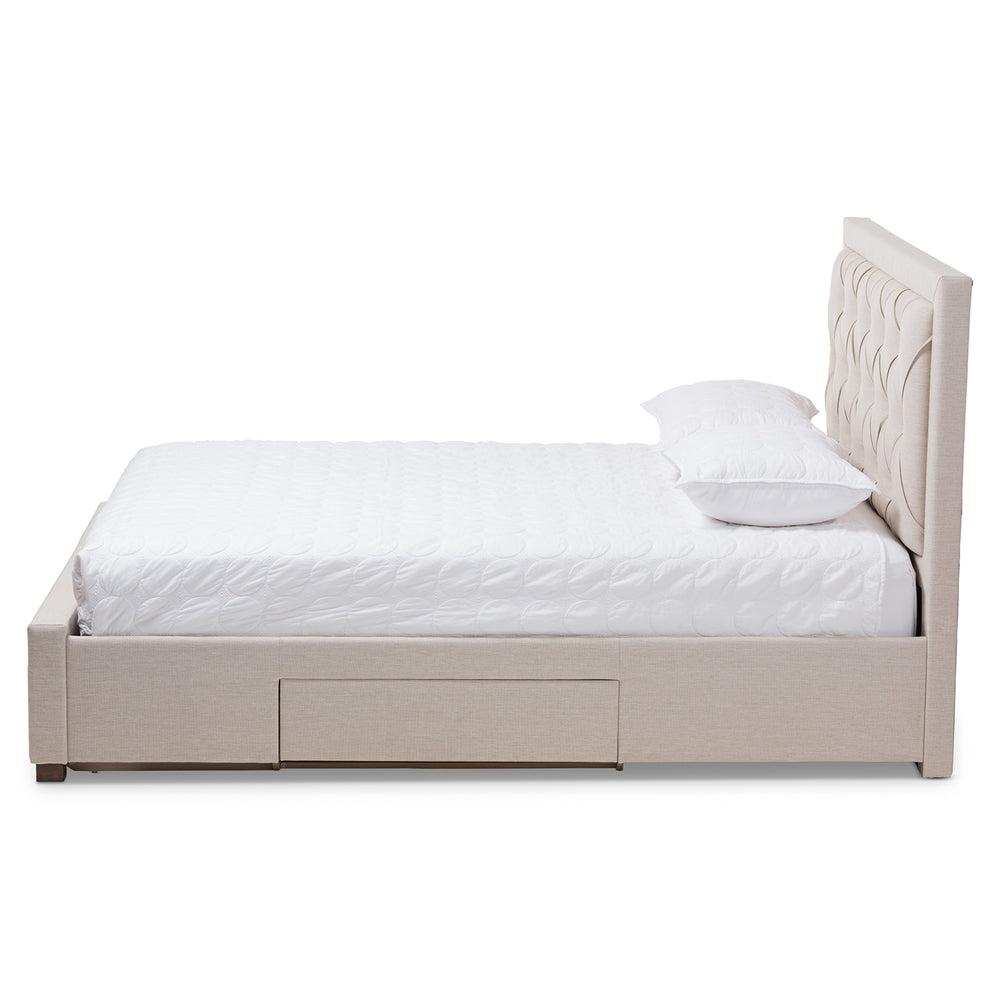 Aurelie Modern Light Beige Fabric Upholstered Queen Size Storage Bed