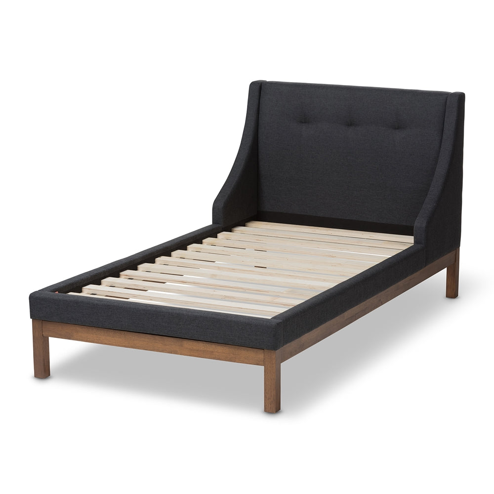Louvain Dark Grey Fabric Upholstered Walnut-Finished Twin Sized Platform Bed