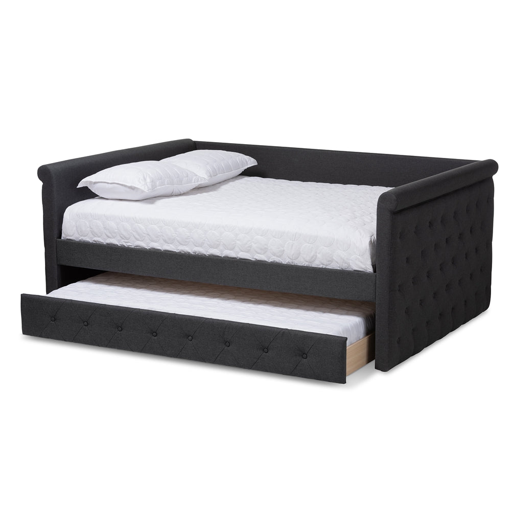 Helena Alena Collection Full Size Dark Grey Daybed – Upholstered Fabric Frame with Pull-Out Trundle