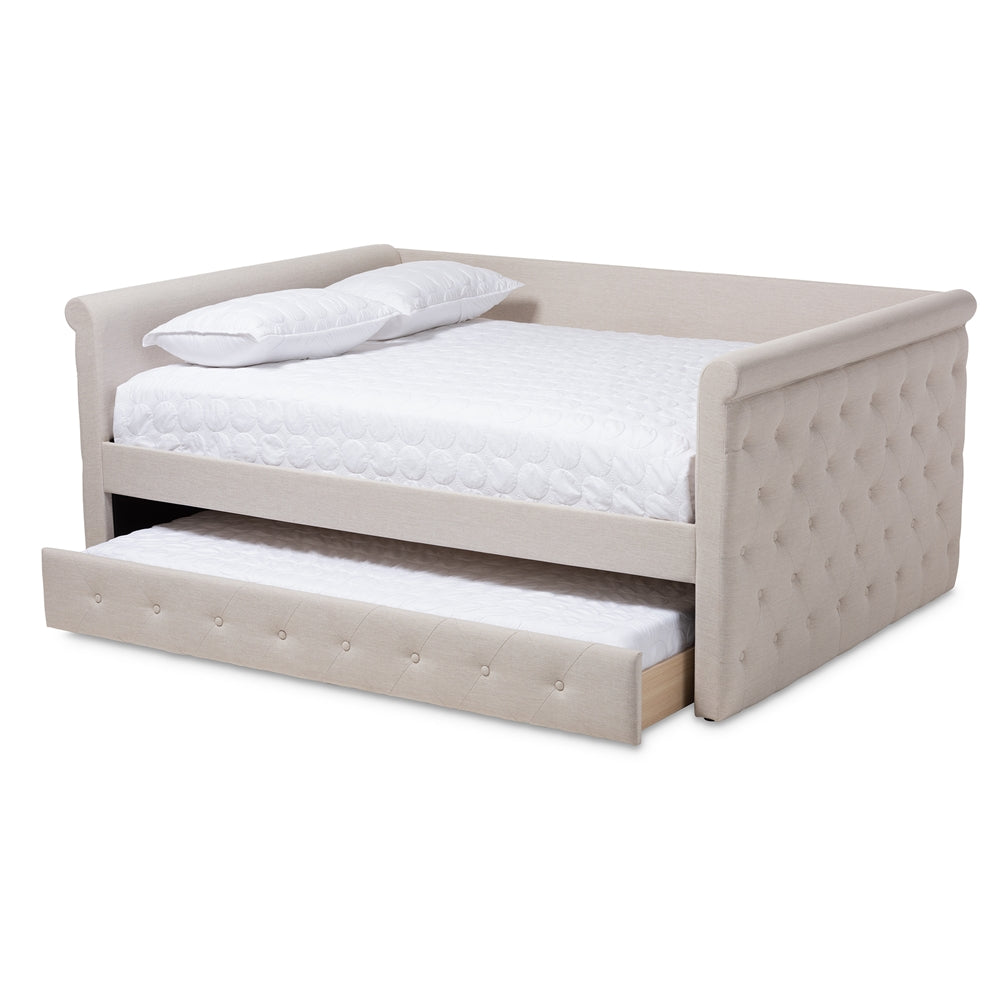 Javante Alena Queen Size Beige Upholstered Daybed – Fabric Frame with Roll-Out Trundle