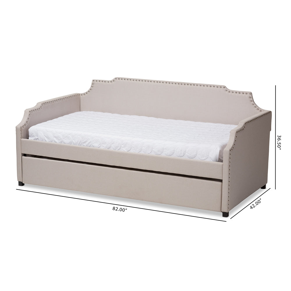 Ally Beige Upholstered Twin Size Sofa Daybed With Roll Out Trundle Guest Bed