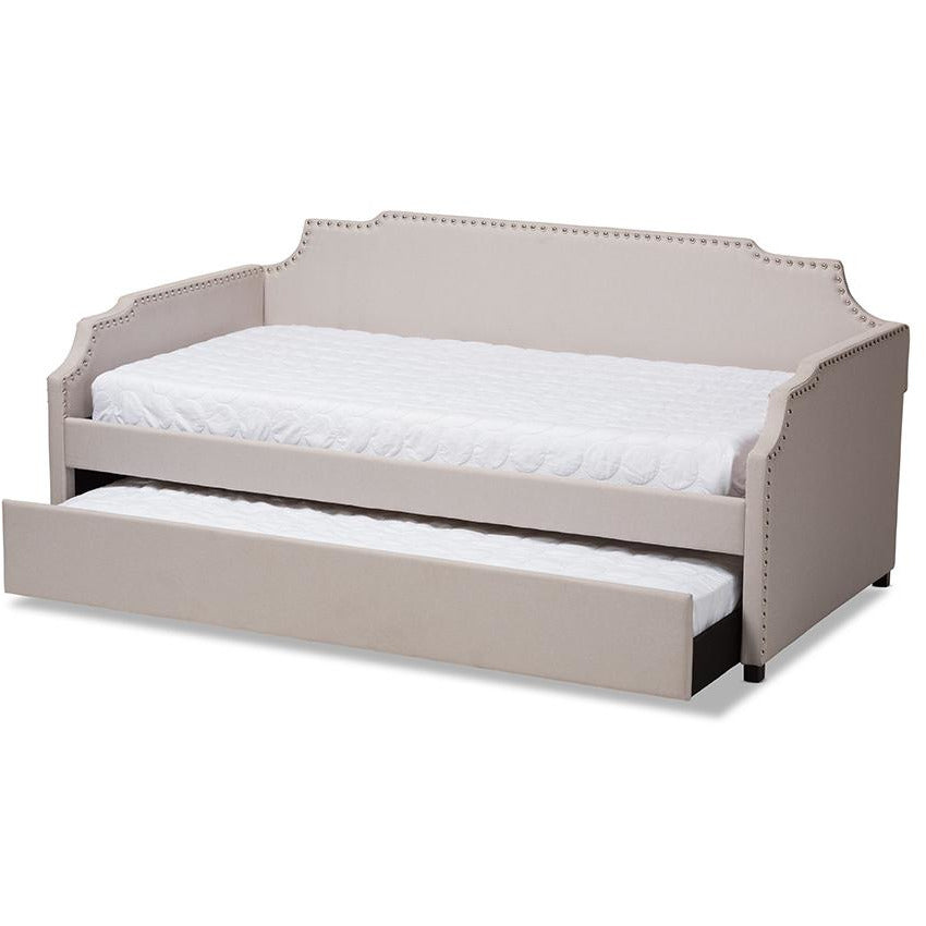 Ally Beige Upholstered Twin Size Sofa Daybed With Roll Out Trundle Guest Bed