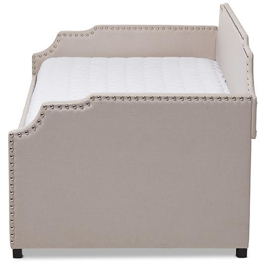 Ally Beige Upholstered Twin Size Sofa Daybed With Roll Out Trundle Guest Bed