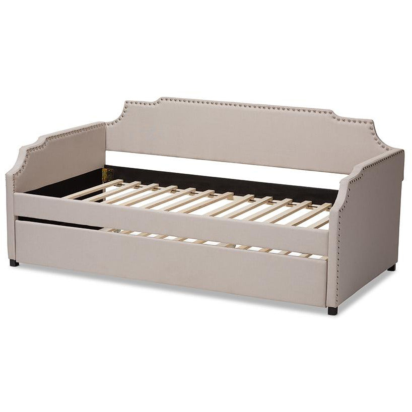 Ally Beige Upholstered Twin Size Sofa Daybed With Roll Out Trundle Guest Bed