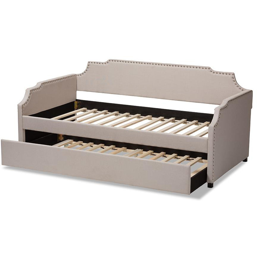 Ally Beige Upholstered Twin Size Sofa Daybed With Roll Out Trundle Guest Bed