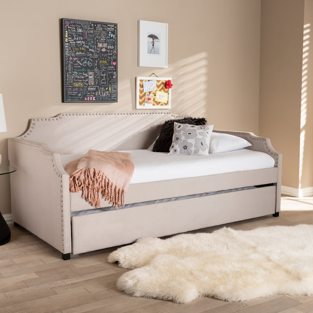 Ally Beige Upholstered Twin Size Sofa Daybed With Roll Out Trundle Guest Bed