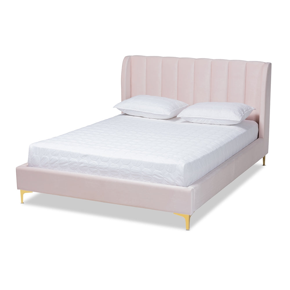 Saverio Light Pink Velvet with Gold Legs Queen Bed