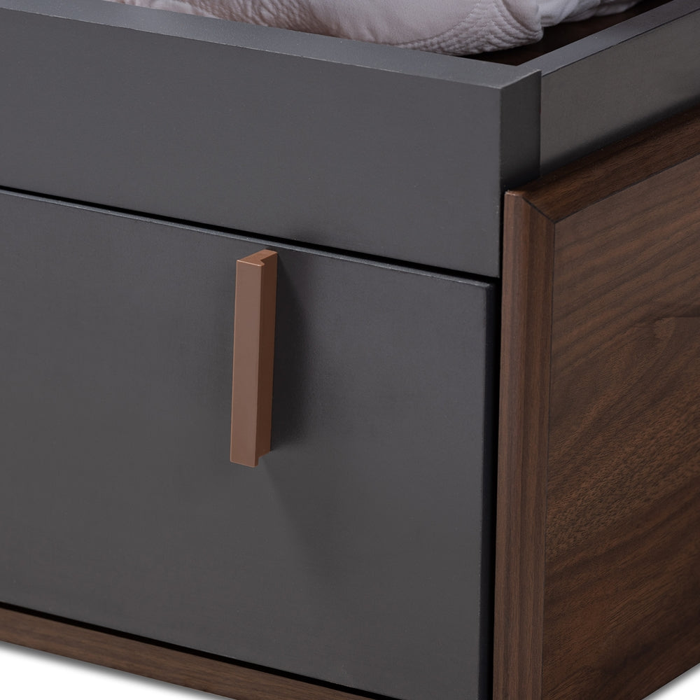 Rikke Two-Tone Gray and Walnut Wood Queen Size Platform Storage Bed
