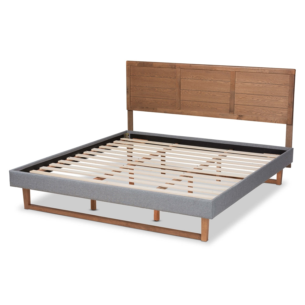 Gabriela Dark Grey Fabric and Ash Walnut Brown Finish Wood King Size Bed