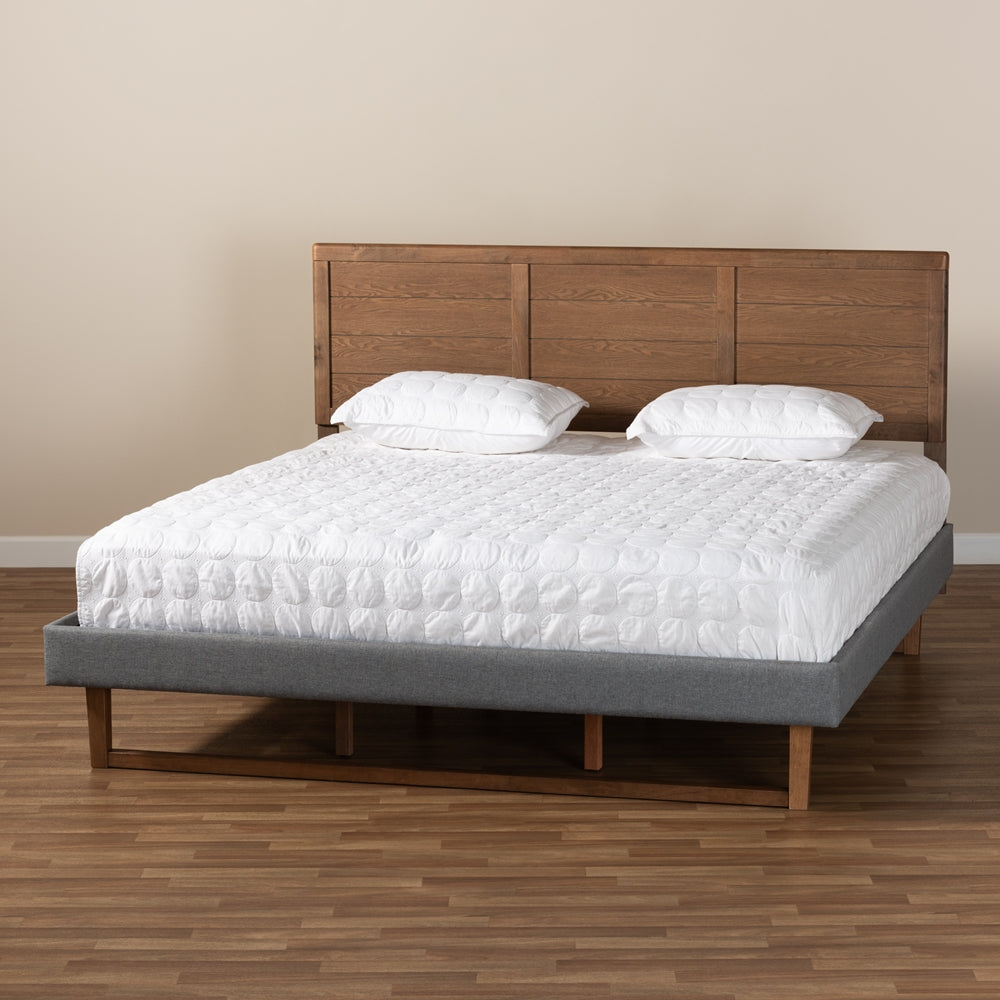 Gabriela Dark Grey Fabric and Ash Walnut Brown Finish Wood King Size Bed
