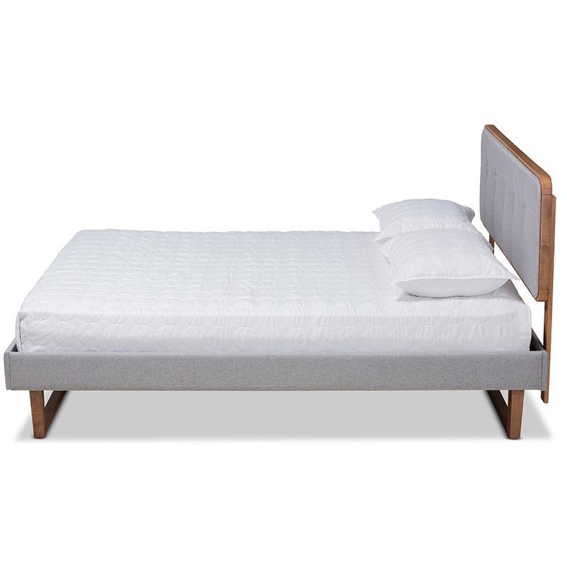 Sofia Bed Queen Platform in Light Grey Fabric and Ash Walnut Finish