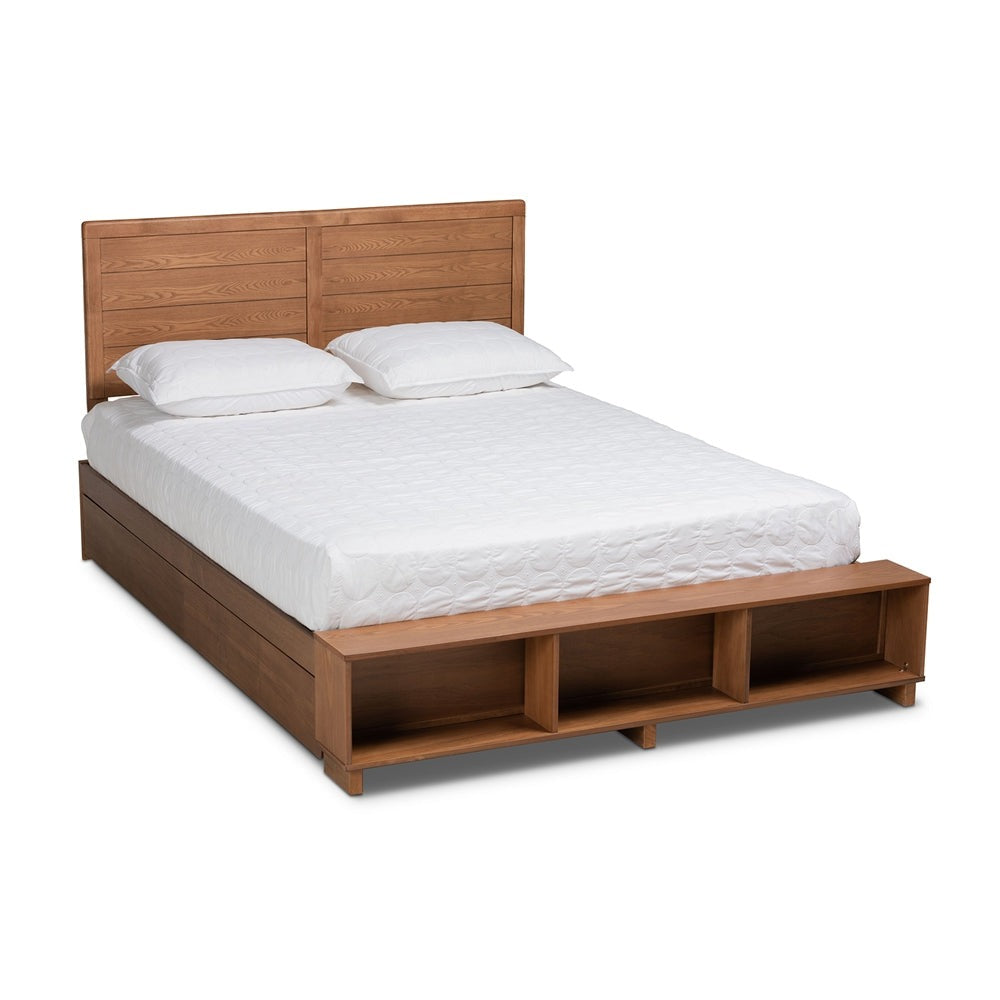 Ute Alba Collection Queen Size Walnut Wood Bed – Contemporary Style with Built-in Drawers & Storage Shelves