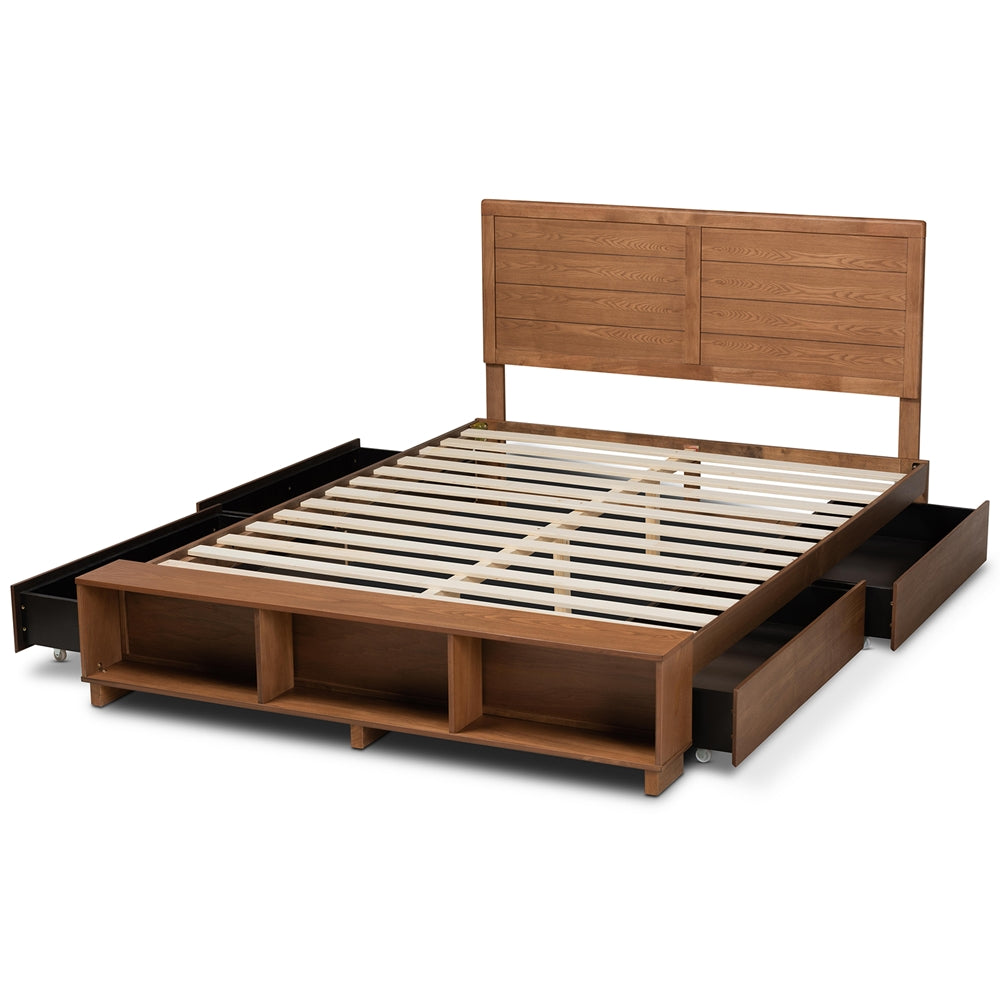 Ute Alba Collection Queen Size Walnut Wood Bed – Contemporary Style with Built-in Drawers & Storage Shelves