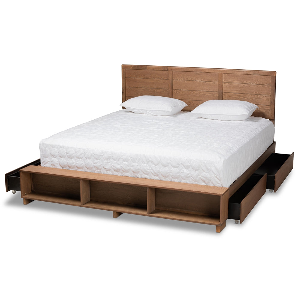 Mayln Alba King Walnut Brown Wood Bed – Modern Design with 4-Drawer Storage & Shelves
