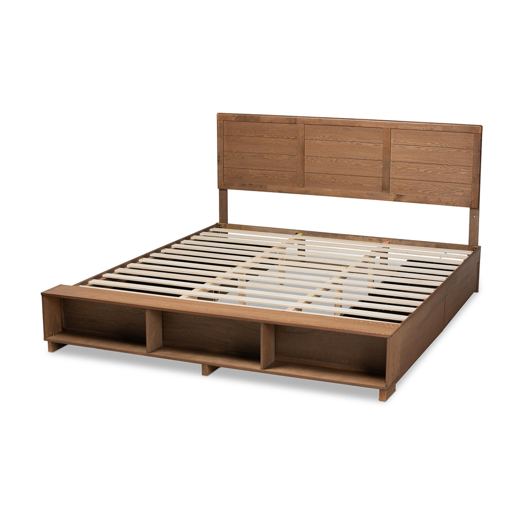 Mayln Alba King Walnut Brown Wood Bed – Modern Design with 4-Drawer Storage & Shelves