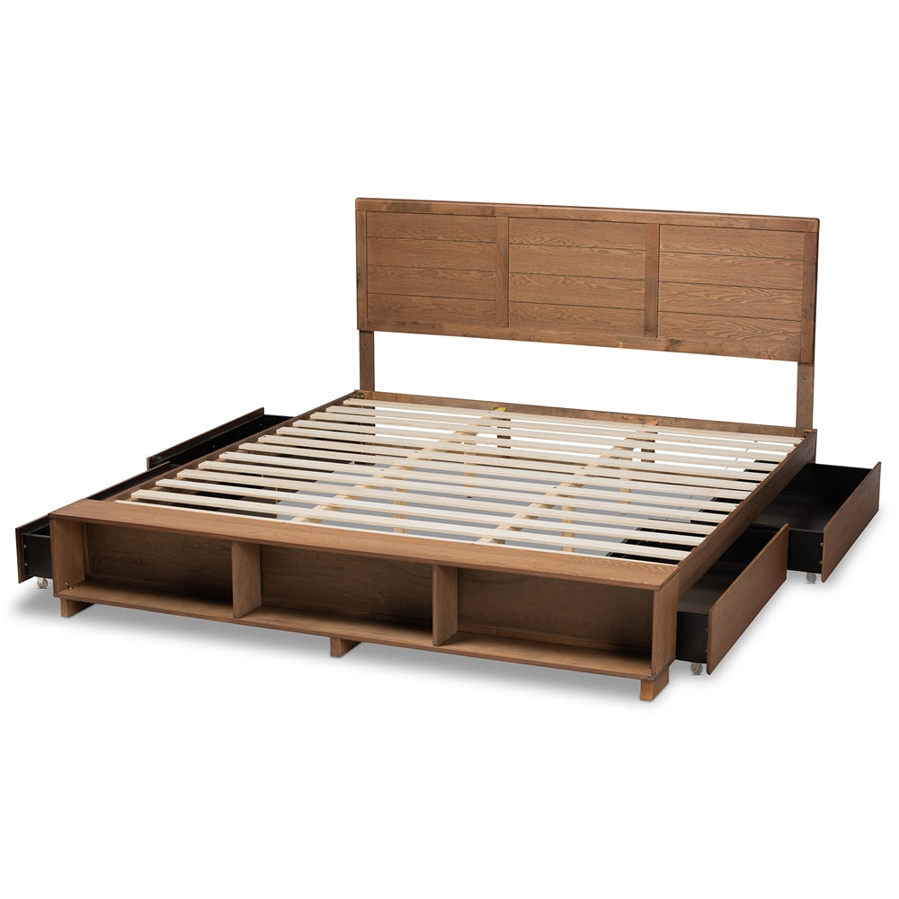 Mayln Alba King Walnut Brown Wood Bed – Modern Design with 4-Drawer Storage & Shelves