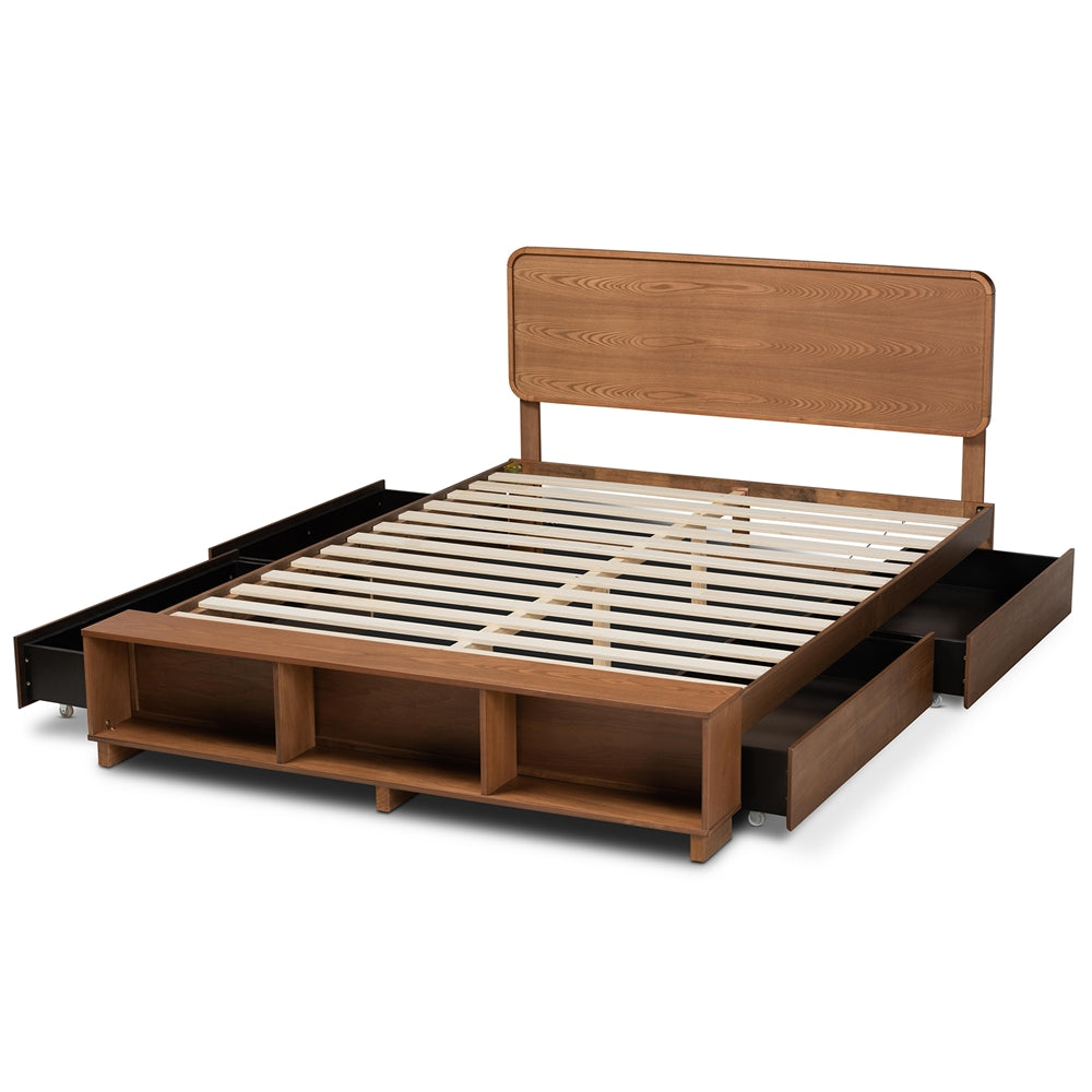 Vita Ash Walnut Queen Size Bed Modern with 4-Drawer Storage Platform Bed
