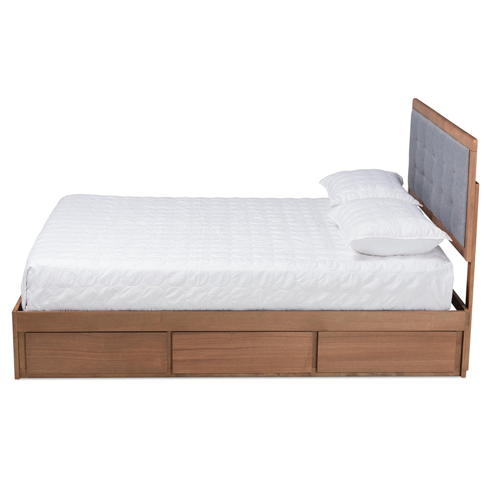 Lene Queen Bed Grey Fabric, Walnut Finish with 3-Drawer Storage